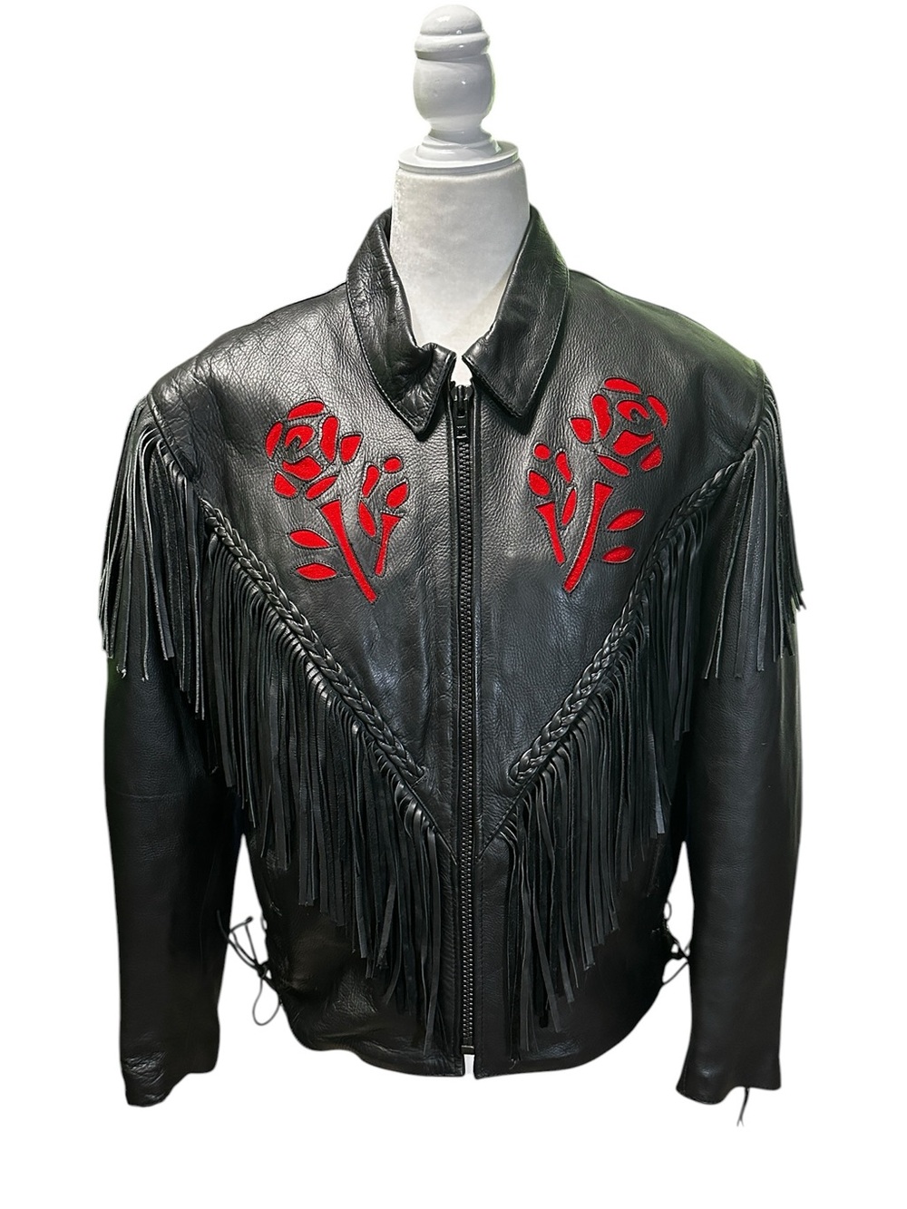 Interstate Leather XXL Black Rose Fringe Jacket Western Rodeo Biker Cowgirl